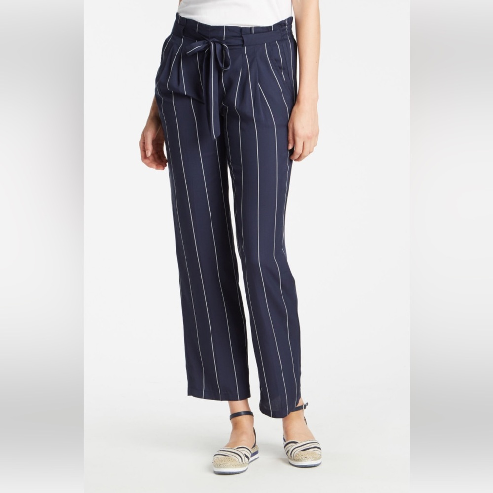 Navy and white striped paper bag trousers